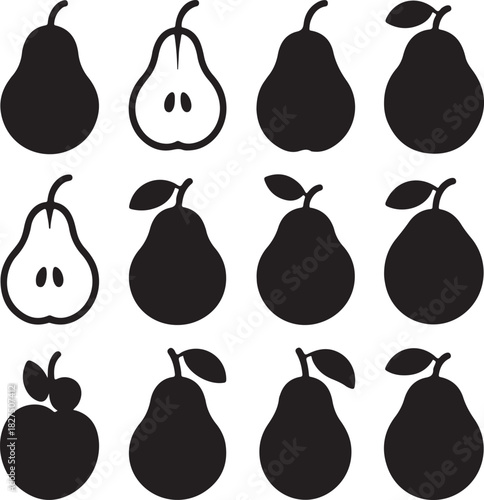 Black and white pear silhouette collection for design needs illustration