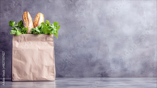 A brown paper bag filled with fresh bread and green leafy vegetables, set against a textured gray background. The scene is lit with soft, even light.