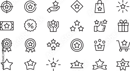 A varied selection of star symbol outline icons are displayed with transparent background