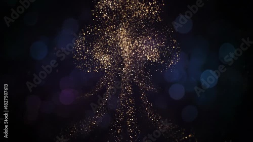 A woman in a night club glows amid blue winter snowflakes and bright Christmas glitter stars with a magical holiday light bokeh design