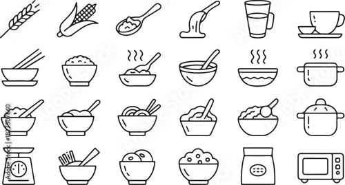 Black line food icons showcase cereal, corn, bowls, spoons, scales, pots, and microwave on transparent background