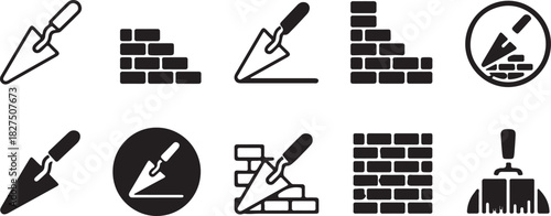 Black masonry trowel and brick wall icons depict construction and building trade tools effectively