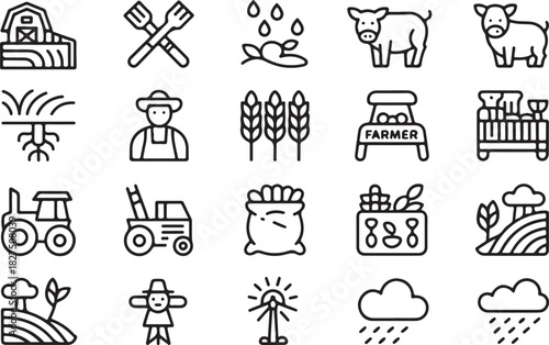 Diverse farming essentials are represented in this simple outline icons set, suitable for web use