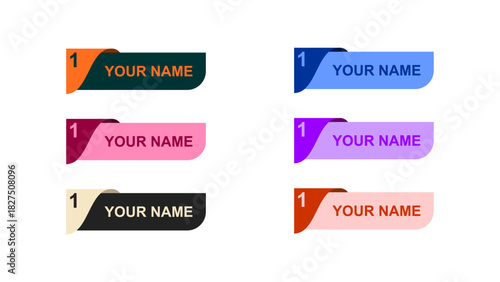 A set of colorful modern name tag ribbons featuring numbered labels and editable text areas, designed in a clean flat style. Ideal for presentations, infographics, lists, and creative layout elements