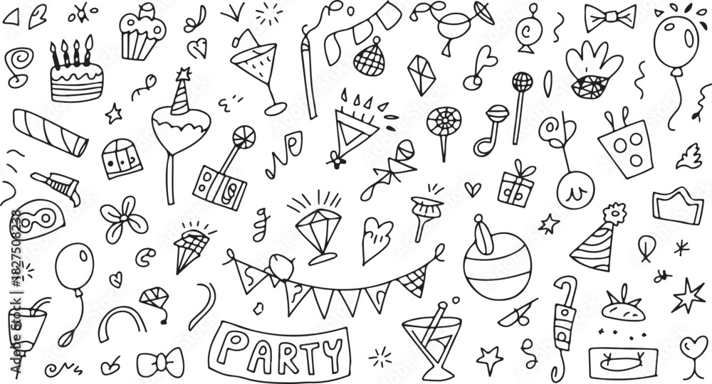 Fototapeta premium Hand drawn sketch showing party related objects like cake, gifts, balloons, and glasses on transparent background