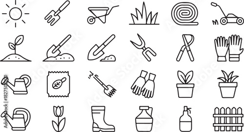 Garden tools are represented in a seamless pattern featuring the sun with transparent background