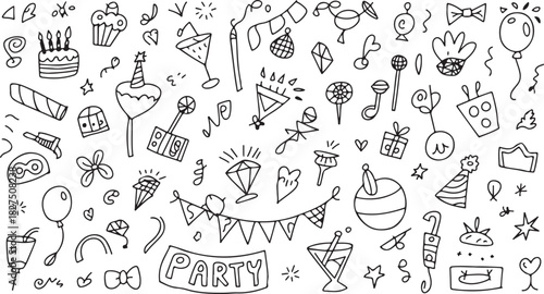 Hand drawn sketch showing party related objects like cake, gifts, balloons, and glasses on transparent background