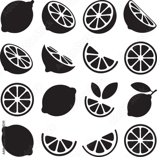 Black and white vector set of lemon slices and whole fruit