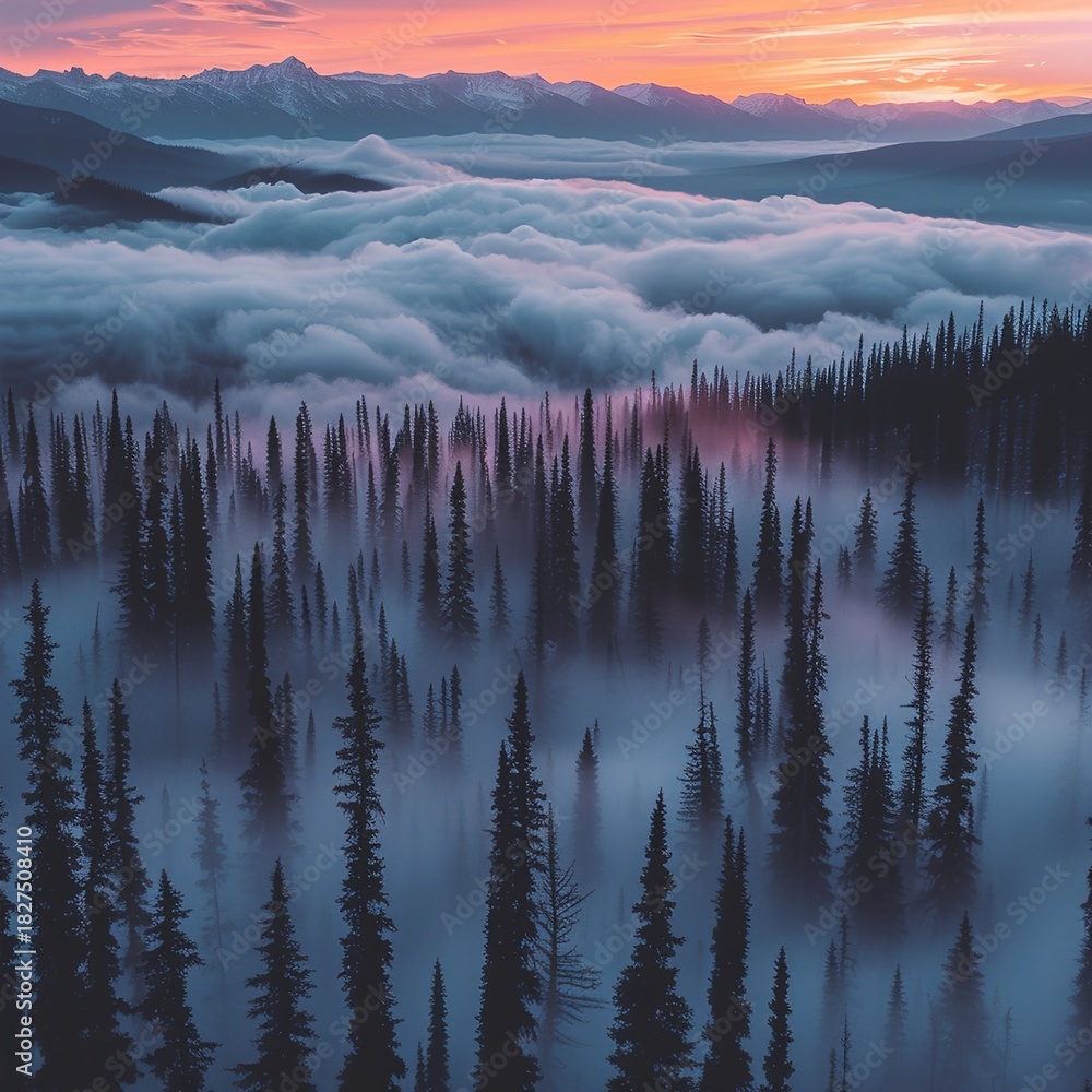 Obraz premium Breathtaking misty forest landscape with snow capped mountains at vibrant sunset