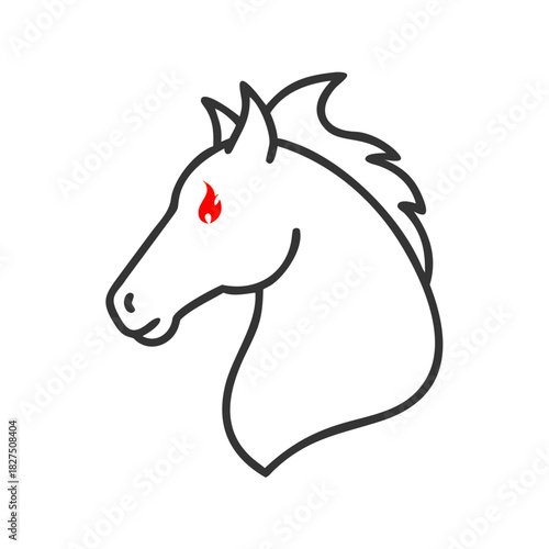 Simple horse head with red eye in outline style on white background