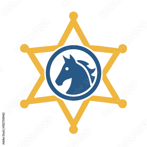 Horse head inside gold sheriff badge on white background