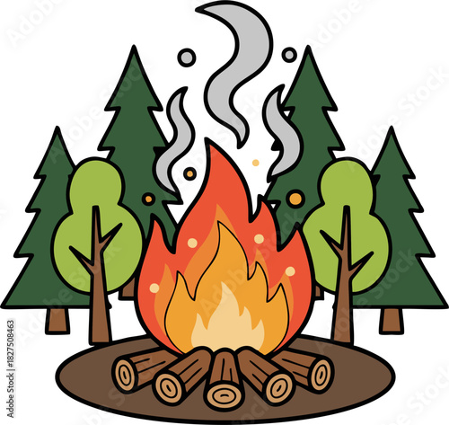 Cartoon Forest Campfire with Smoke and Trees – Cozy Bonfire Vector