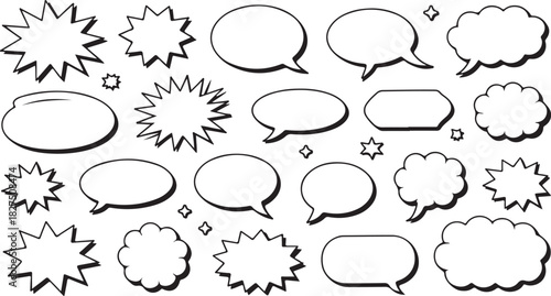 Numerous outlined speech bubbles and bursting star shapes are aligned on a bright white backdrop