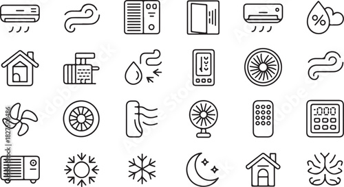 Outline icons depict air conditioning, fan, humidity, cooling and heating appliances on transparent background