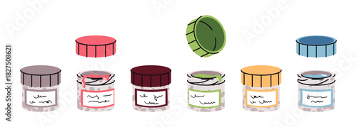 Gouache Paint Set in Jars. Open and Closed Containers, Flat Design on White Background. Vibrant Artist Colors for School Projects and Hobby Painting. Ideal for Art Supply Branding, Education Content