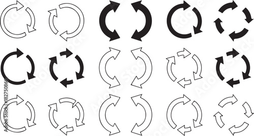 Several arrow circle vectors of black and white hues are shown on a white backdrop