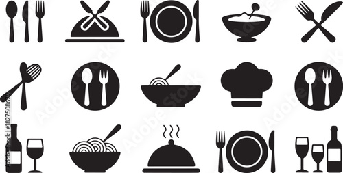 Several black icons of dining elements like silverware, plates, chef's hat and wine are presented