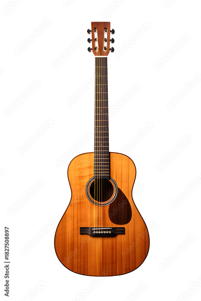 Fototapeta premium Classic Wooden Acoustic Guitar Instrument Standing Upright Isolated on White for Music School Concert