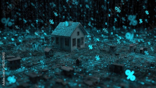 Miniature houses on a glowing blue digital landscape with floating percentage signs, representing mortgages and interest rates. Concept Miniature houses on a glowing blue digital landscape