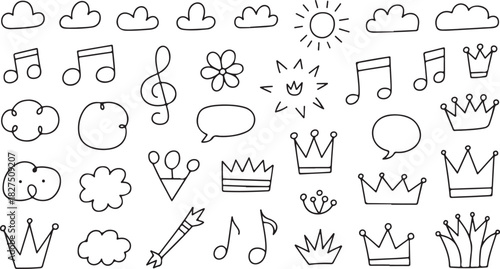Various doodle art elements including crowns, clouds, sun, and musical notes fill the canvas