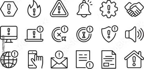 Various simple line art icons show notifications, warnings, and alerts on transparent background