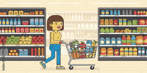 Smiling young woman shopping for food in a supermarket store
