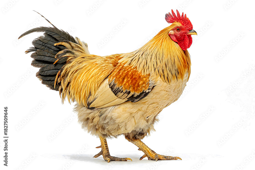 Fototapeta premium Majestic Rooster in Profile: An eye-level profile captures the vivid colors and proud stance of a rooster, a symbol of farm life, showcasing the animal's regal demeanor.