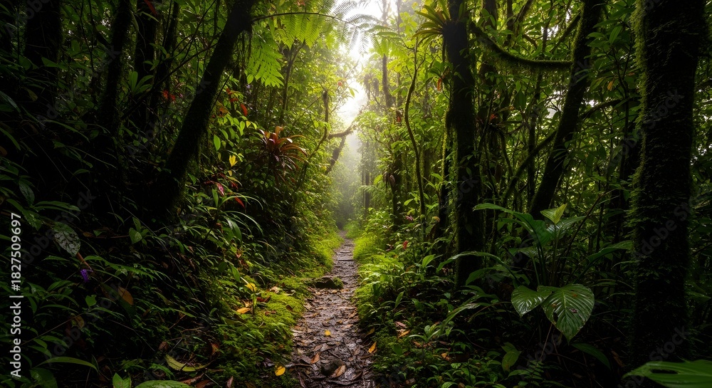 Fototapeta premium Lush rainforest jungle path nature green trees plants foliage scenic environment light travel