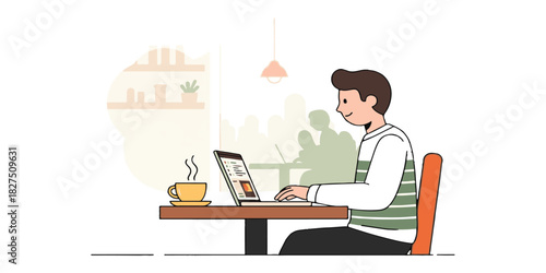 Cartoon vector illustration of a woman doctor sitting at an office desk working on a computer laptop
