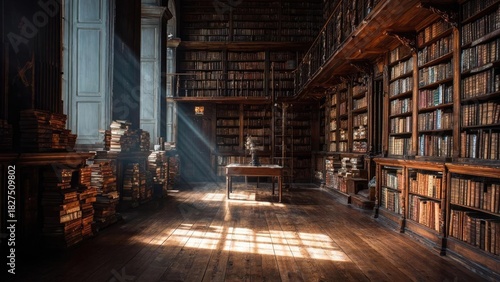 Wallpaper Mural An old library with tall wooden shelves, piles of books on the floor, and a single desk bathed in sunlight. Concept Old library with tall wooden shelves, Piles of books on the floor Torontodigital.ca