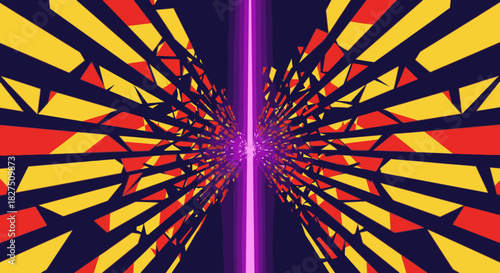 A vivid abstract tunnel with yellow and red geometric patterns on a dark background, converging towards a central glowing purple light, creating a dynamic digital visual.