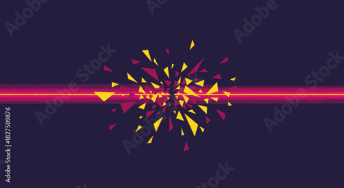 A vibrant abstract illustration depicts a dynamic explosion of colorful triangular fragments emanating from a powerful central light beam.