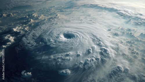 Satellite image of a hurricane over the ocean, showing a distinct eye and spiraling rainbands. Concept Hurricane Satellite Imagery, Eye of the Storm, Spiral Rainbands, Ocean Weather Patterns