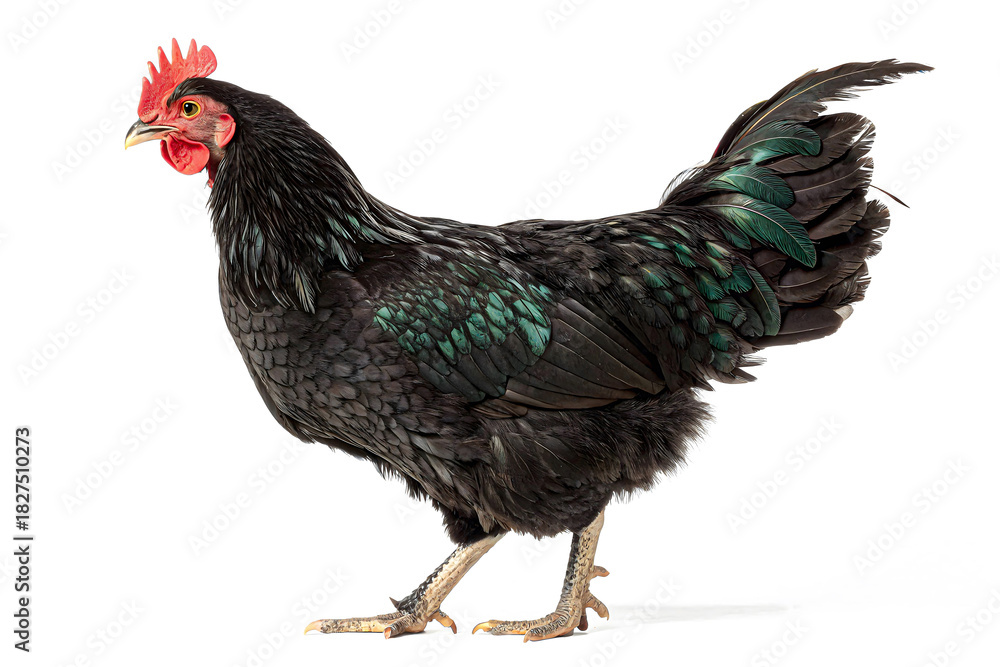 Fototapeta premium Elegant Hen in Profile: A close-up profile captures a hen's captivating presence, displaying rich black plumage, a distinctive red comb, and sharp eye.