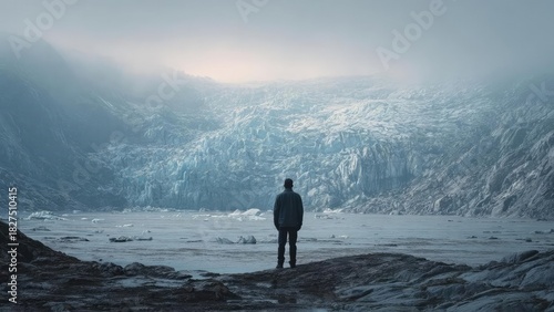 A lone figure stands on dark rocky shore, looking out at a vast icy glacier and frozen sea under a pale, misty sky. Concept Lone Figure on Rocky Shore, Icy Glacier and Frozen Sea, Pale Misty Sky