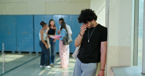 Tableau sur toile Indian sad young adult gen z man guy wear bag feel low look upset fail in study