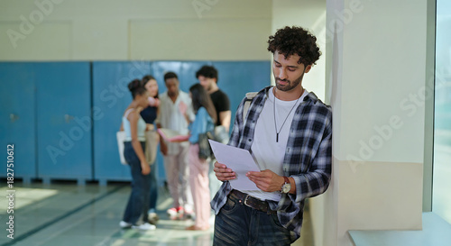 Fotografi Indian young adult gen z upset pupil boy feel sad low failed exam results indoor campus place