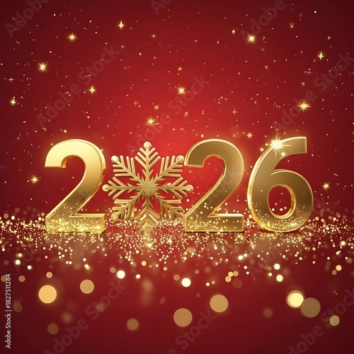 Golden 2026 numbers with a snowflake on a red background with sparkling gold lights and bokeh for Christmas or New Year's Eve celebrations.