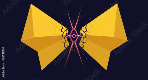 Abstract digital art displays symmetrical golden geometric forms joined by a vibrant, glowing energy core, emitting purple lightning against a dark backdrop.