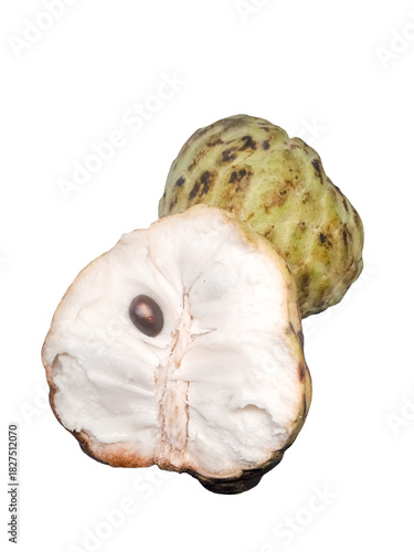 Whole and halved custard apple on white background, green scaly skin, creamy flesh, single seed exposed. Tropical, fresh, and ideal for culinary or botanical themes.