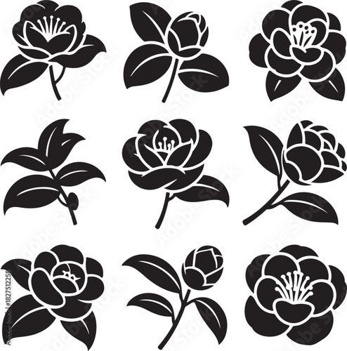 Collection of Camellia Flower Silhouettes in Black and White Vector Design