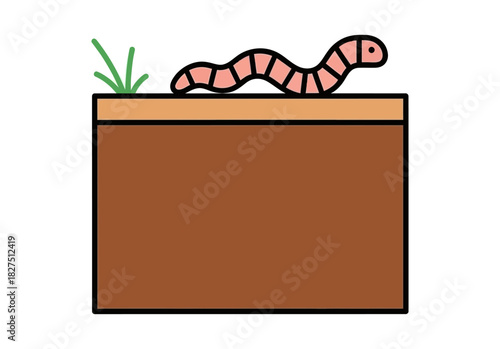 An illustration of a worm emerging from the soil with grass on top of the ground.