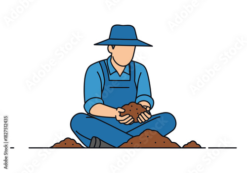 A farmer wearing blue overalls and a hat sits cross-legged, examining a handful of rich soil.