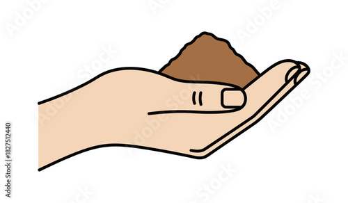 An illustrated human hand cupped to hold a small pile of brown soil or sand.