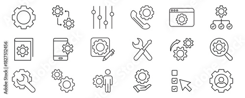 Settings icon set. Containing options, configuration, preferences, adjustments, gear, control panel, equalizer, management, optimization and more icons. Vector illustration. editable stroke