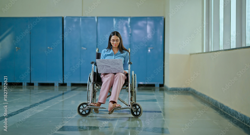 Fototapeta premium Indian young adult gen z lady female sitting in wheel chair use laptop look screen e-learning search work study exam campus place. Teen age pupil happy girl wear glass indoor college place