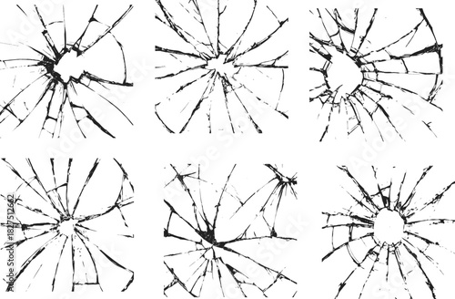 Broken glass set for modern design. Cracked glass. Broken window shattered glassy surface and broken windshield glass texture silhouette vector illustration. Eps 10