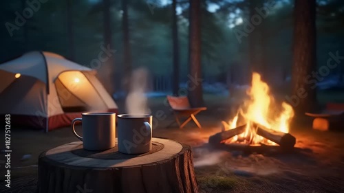 Cozy Campsite Ambiance: Steaming Mugs on Tree Stump