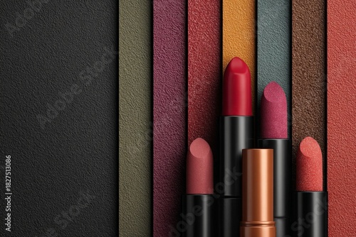 Lipsticks in various fall shades against textured background panels