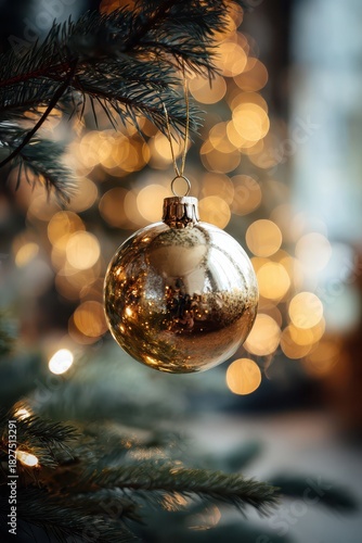 Close-up of a gilded Christmas bauble on a festive tree